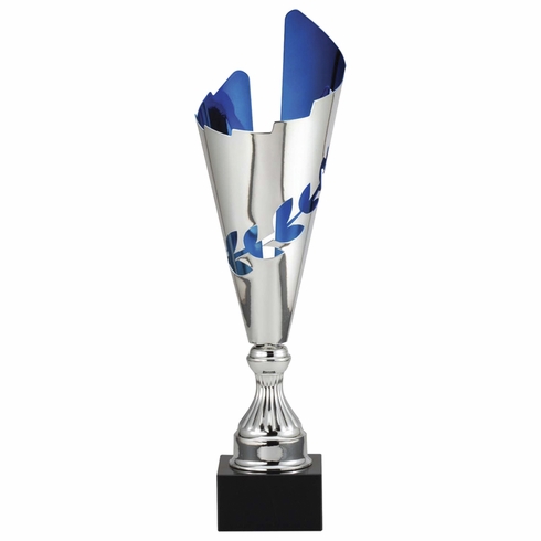 18 INCH SILVER WITH BLUE ACCENTS EUROPEAN STYLE TROPHY CUP ON BLACK MARBLE BASE