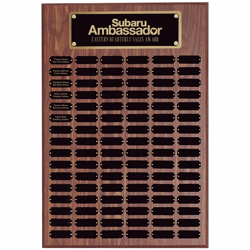 18 x 24 INCH WALNUT FINISH PERPETUAL PLAQUE WITH BLACK AND GOLD HEADER PLATE-102 NAME PLATES