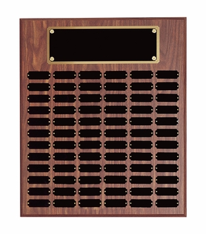 18 x 24 INCH WALNUT FINISH PERPETUAL PLAQUE WITH BLACK AND GOLD HEADER PLATE-72 NAME PLATES