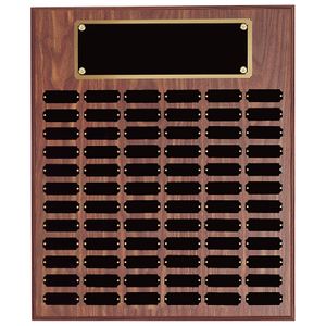 18 x 24 INCH WALNUT FINISH PERPETUAL PLAQUE WITH BLACK AND GOLD HEADER PLATE-72 NAME PLATES