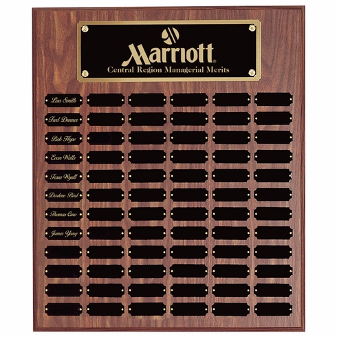 18 x 24 INCH WALNUT FINISH PERPETUAL PLAQUE WITH BLACK AND GOLD HEADER PLATE-72 NAME PLATES