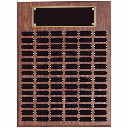 18 x 24 INCH WALNUT FINISH PERPETUAL PLAQUE WITH BLACK AND GOLD HEADER PLATE-84 NAME PLATES