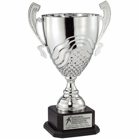 19-1/4 INCH SILVER METAL SWIRL AND GRID CUP ON BLACK MARBLE BASE