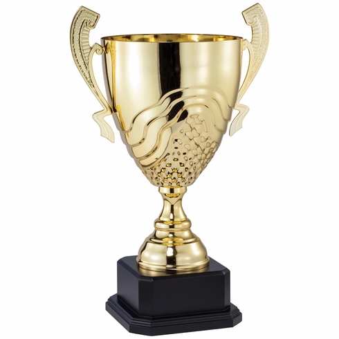19-1/4 INCH SILVER METAL SWIRL AND GRID CUP ON BLACK MARBLE BASE