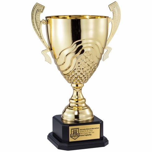 19-1/4 INCH SILVER METAL SWIRL AND GRID CUP ON BLACK MARBLE BASE