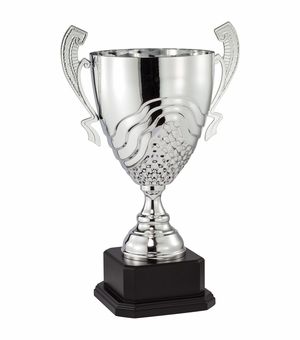 19-1/4 INCH SILVER METAL SWIRL AND GRID CUP ON BLACK MARBLE BASE