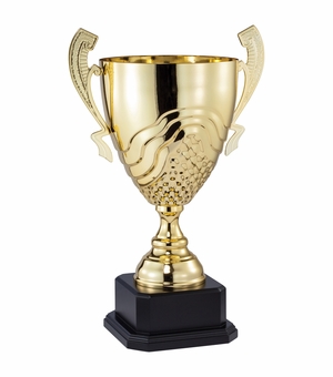 19-1/4 INCH SILVER METAL SWIRL AND GRID CUP ON BLACK MARBLE BASE