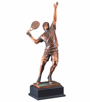 19 INCH ANTIQUE BRONZE ELECTROPLATED MALE TENNIS PLAYER TROPHY ON BLACK WOOD BASE