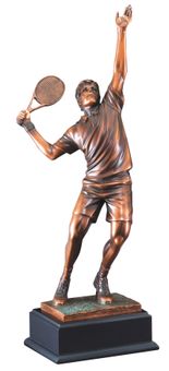 19 INCH ANTIQUE BRONZE ELECTROPLATED MALE TENNIS PLAYER TROPHY ON BLACK WOOD BASE
