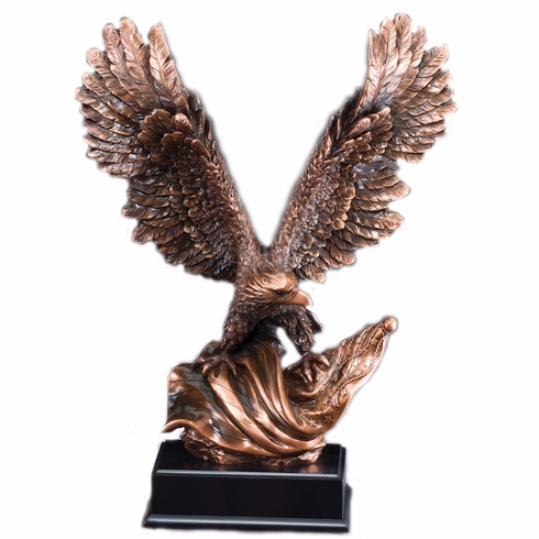 19 INCH ELECTROPLATED ANTIQUE BRONZE AMERICAN EAGLE FLAG TROPHY ON BLACK BASE