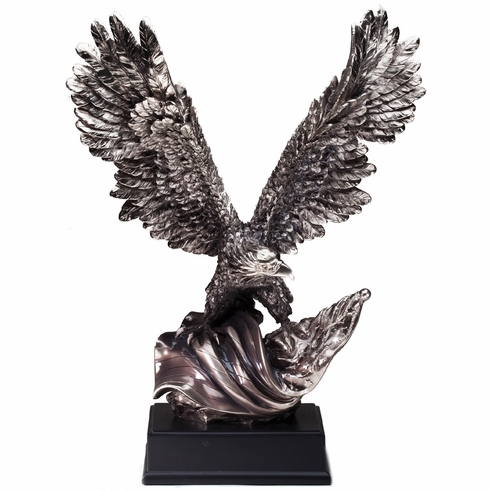 19 INCH ELECTROPLATED ANTIQUE SILVER AMERICAN EAGLE FLAG TROPHY ON BLACK BASE