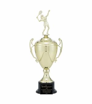 19 INCH TROPHY WITH 11 INCH GOLD CUP ON BLACK BASE TAKES FIGURE