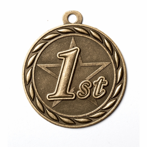 Metal 2-Inch in Diameter Round 1st Place Medal with Cutomizable Back in Antique Brass