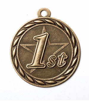 Metal 2-Inch in Diameter Round 1st Place Medal with Cutomizable Back in Antique Brass