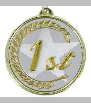2-1/8 Inch in Diameter Round Gold 'First Place' Medal with Mylar Detailing and Customizable Back