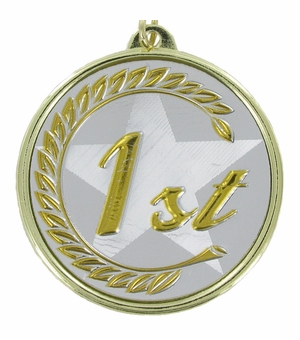 2-1/8 Inch in Diameter Round Gold 'First Place' Medal with Mylar Detailing and Customizable Back