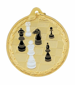 2-1/2 Inch Enameled Die-Cast Chess Medal in Gold, Silver, or Bronze