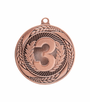 2-1/4 INCH 3RD PLACE MEDAL IN ANTIQUED BRONZE FINISH WITH LAUREL WREATH BORDER-HOLDS 2 INCH INSERT ON BACK