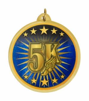 2-1/4 Inch in Diameter Round '5K Run' Sports Medal with Mylar Detailing and Customizable Back