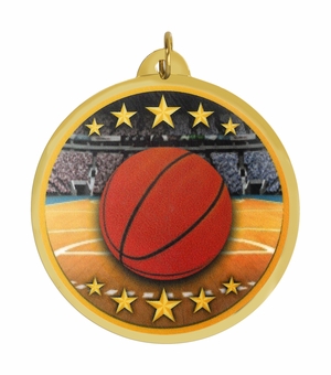 2-1/4 Inch in Diameter Round Mylar Basketball Medal with Multicolor Detailing and Customizable Back