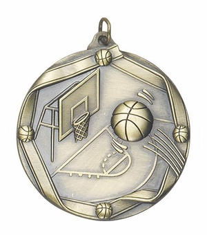 2-1/4 Inch 3D Die-Cast Basketball Medal in Antique Brass, Silver, or Bronze