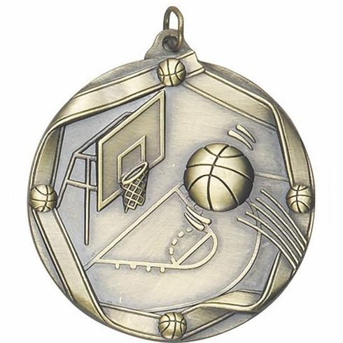 2-1/4 Inch 3D Die-Cast Basketball Medal in Antique Brass, Silver, or Bronze