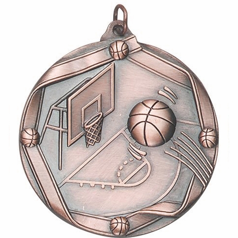 2-1/4 Inch 3D Die-Cast Basketball Medal in Antique Brass, Silver, or Bronze