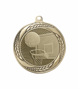 2-1/4 INCH BASKETBALL MEDAL IN ANTIQUED GOLD, SILVER, OR BRONZE FINISH WITH LAUREL WREATH BORDER HOLDS 2 INCH INSERT ON BACK