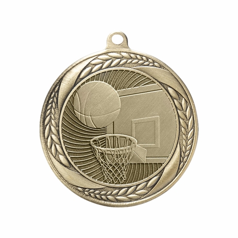 2-1/4 INCH BASKETBALL MEDAL IN ANTIQUED GOLD, SILVER, OR BRONZE FINISH WITH LAUREL WREATH BORDER HOLDS 2 INCH INSERT ON BACK