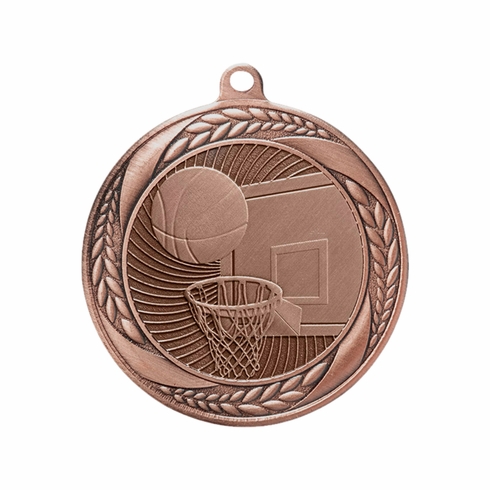 2-1/4 INCH BASKETBALL MEDAL IN ANTIQUED GOLD, SILVER, OR BRONZE FINISH WITH LAUREL WREATH BORDER HOLDS 2 INCH INSERT ON BACK
