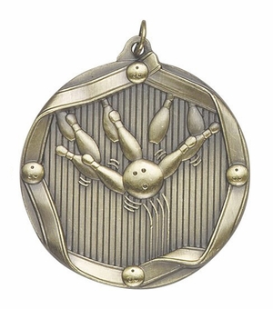 2-1/4 Inch 3D Die-Cast Bowling Medal in Antique Brass, Silver, or Bronze
