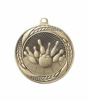 2-1/4 Inch Bowling Medal in Antique Gold, Silver, or Bronze with Insert