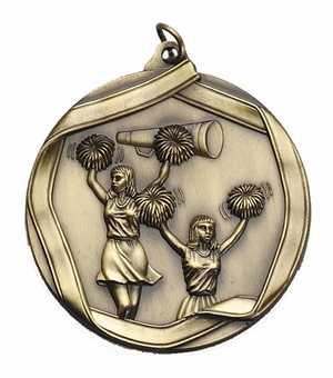 2-1/4 Inch 3D Die-Cast Cheerleading Medal in Antique Brass, Silver, or Bronze