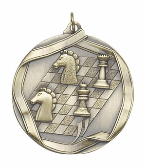 2-1/4 Inch 3D Die-Cast Chess Themed Medal in Antique Brass, Silver, or Bronze