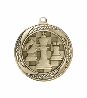 2-1/4 Inch Chess Themed Medal in Antique Gold, Silver, or Bronze with Insert