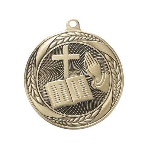 2-1/4 Inch Church Themed Medal in Antique Gold with Insert