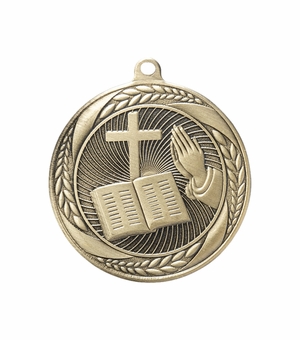2-1/4 Inch Church Themed Medal in Antique Gold with Insert