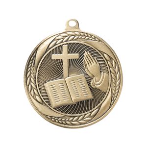 2-1/4 Inch Church Themed Medal in Antique Gold with Insert