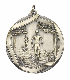 2-1/4 Inch 3D Die-Cast Cross Country Medal in Antique Brass, Silver, or Bronze
