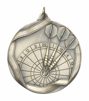 2-1/4 Inch 3D Die-Cast Darts Themed Medal in Antique Brass, Silver, or Bronze