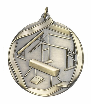 2-1/4 Inch 3D Die-Cast Womens Gymnastics Medal in Antique Brass, Silver, or Bronze