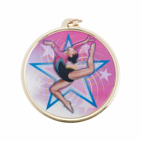 2-1/4 Inch in Diameter Round Female Gymnastics Medal in Gold and Mylar with Customizable Back