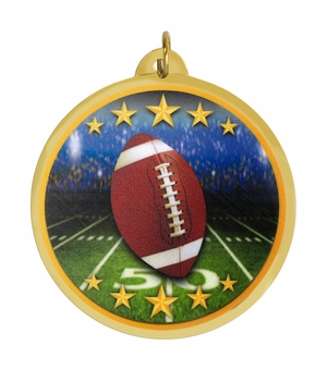 2-1/4 Inch in Diameter Round Multicolored Mylar Football Medal with Customizable Back