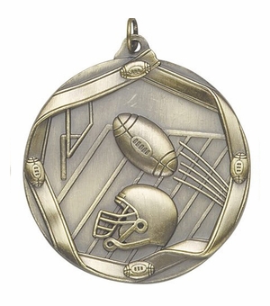 2-1/4 Inch 3D Die-Cast Football Themed Sports Medal in Antique Brass, Silver, or Bronze