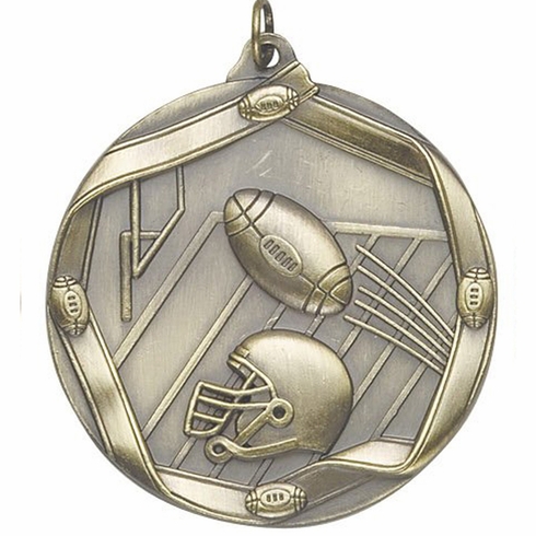 2-1/4 Inch 3D Die-Cast Football Themed Sports Medal in Antique Brass, Silver, or Bronze