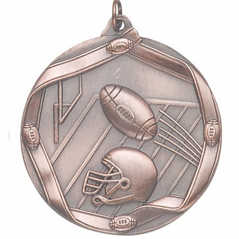 2-1/4 Inch 3D Die-Cast Football Themed Sports Medal in Antique Brass, Silver, or Bronze