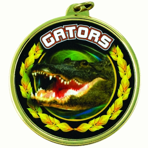 2-1/4 Inch in Diameter Round 'Gators' Themed Gold and Mylar Sports Medal with Customizable Back