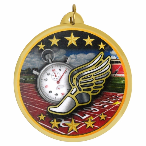 2-1/4 Inch in Diameter Round General Track Medal with Multicolored Mylar Front and Customizable Back