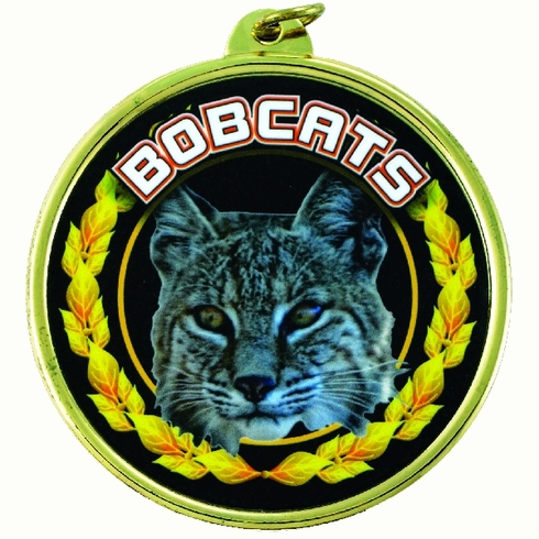 2-1/4 Inch in Diameter Round Gold and Mylar 'Bobcats' Sports Medal with Customizable Back