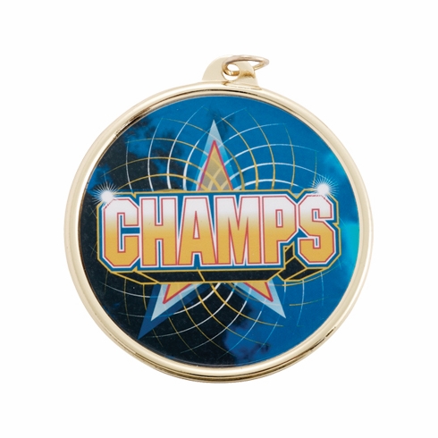 2-1/4 Inch in Diameter Round Gold and Mylar 'Champs' Medal with Customizable Back